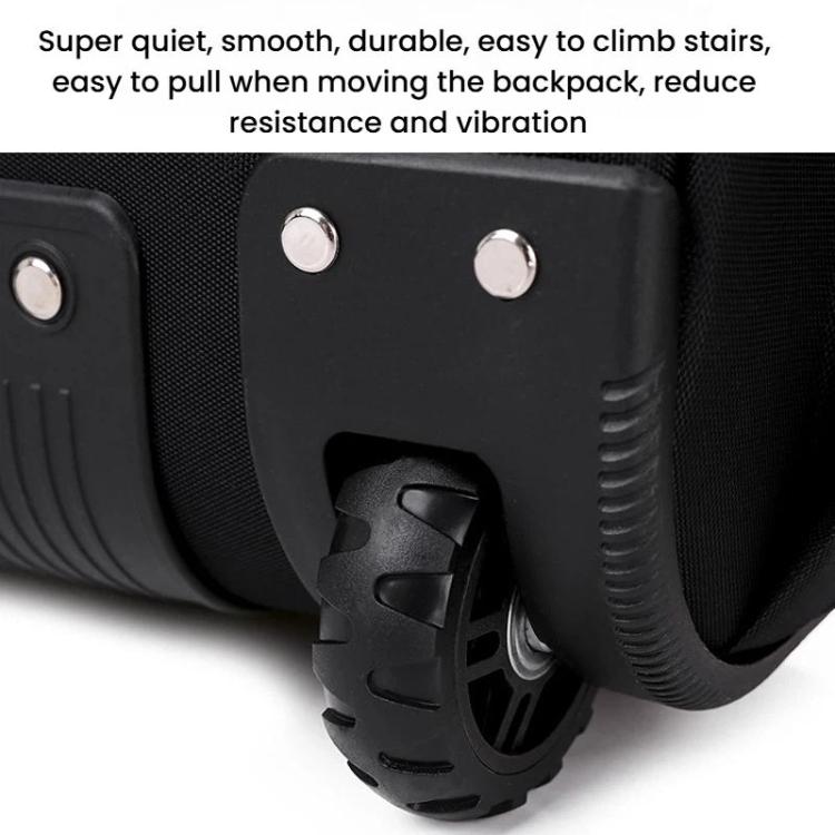Black wheeled backpack trolley wheel detail with smooth, quiet inline pulley
