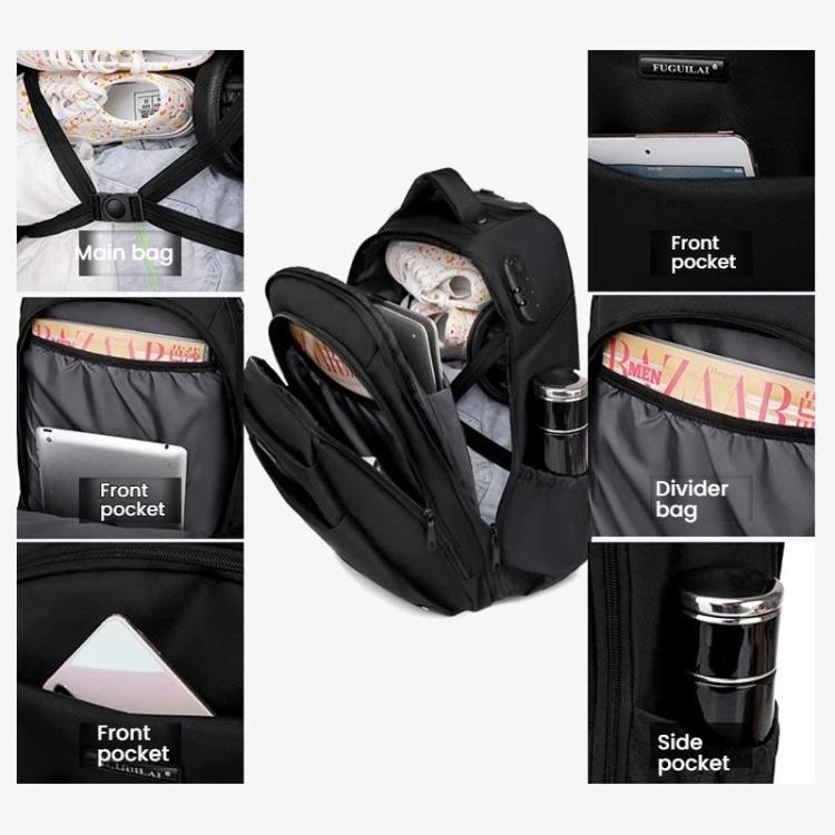 Black wheeled backpack trolley with front pocket, divider bag, and side pocket