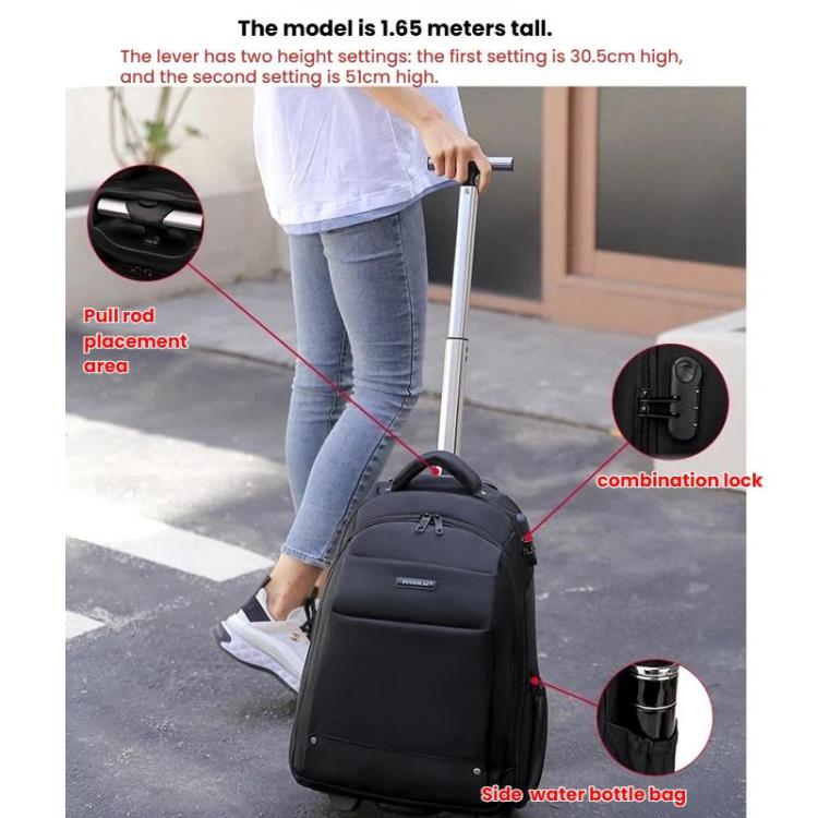 Black wheeled backpack with telescopic handle, front pocket, side water-bottle sleeve