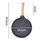 Black non-stick frying pan with wooden handle, 24.5 cm diameter.