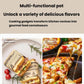 Promotional card showing sandwich and pizza imagery for non-stick pot cooking.