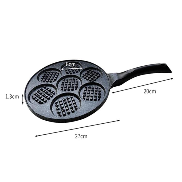 7-cup round nonstick egg pan with waffle-textured cavities and black handle.