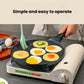 7-cup nonstick egg burger pan with multiple fried eggs cooking on a portable griddle.