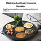 Round nonstick 7-cup pan with shaped batter and fried eggs in the wells.