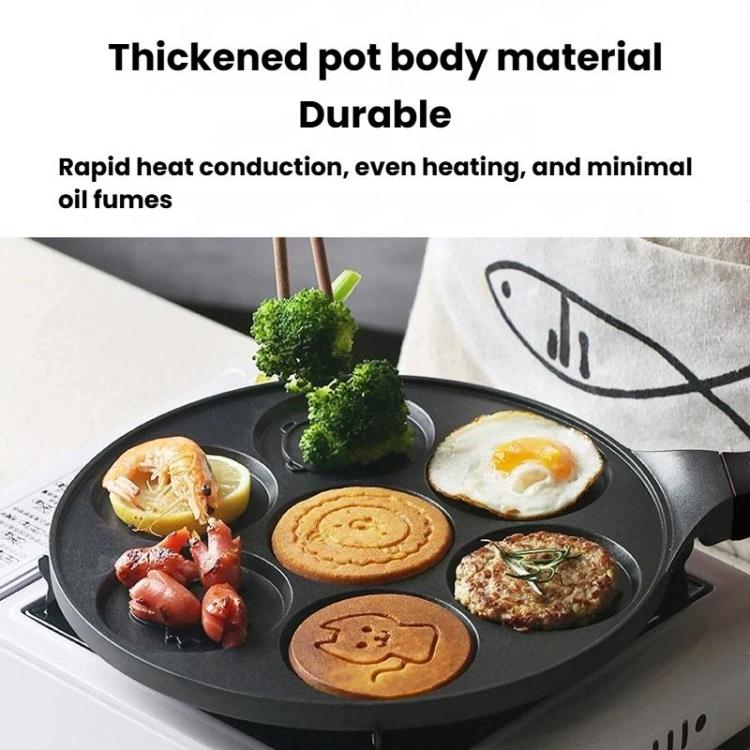 Round nonstick 7-cup pan with shaped batter and fried eggs in the wells.