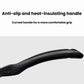 Curved black handle with anti-slip grip on a nonstick egg burger pan.