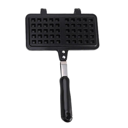 Non-stick waffle baking pan with black double-sided grid plates and folding handle