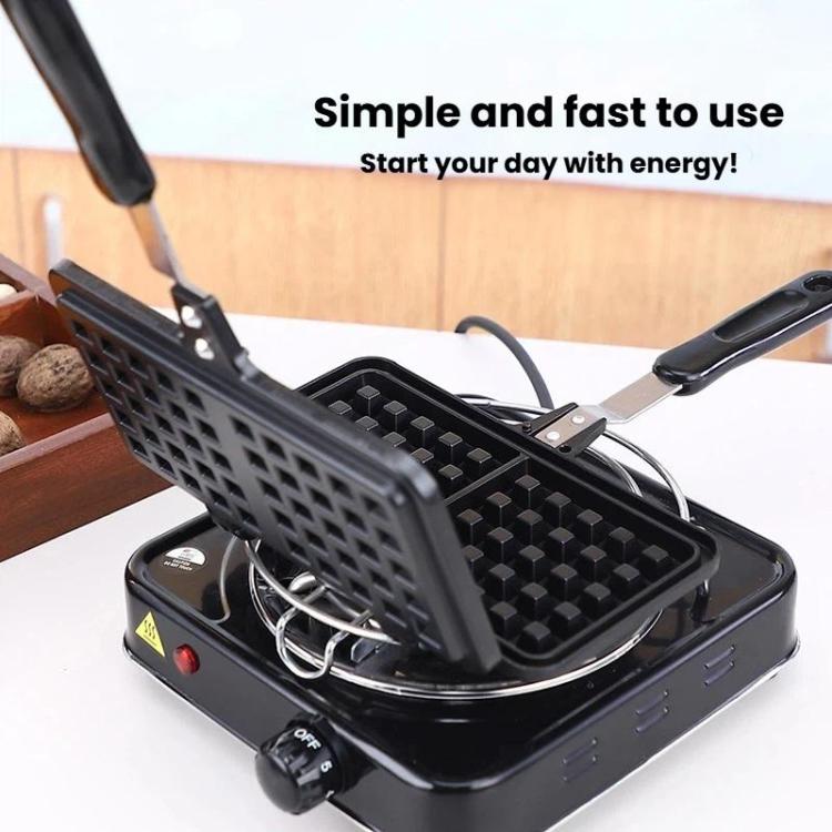 Non-stick double waffle maker pan with black plates, hinged lid, and control knob