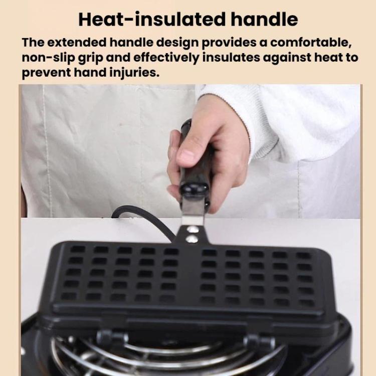 Heat-insulated non-stick waffle pan with long black handle and latch hardware