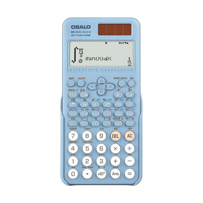 Blue scientific desktop calculator with large screen, function keys, and solar panel display top