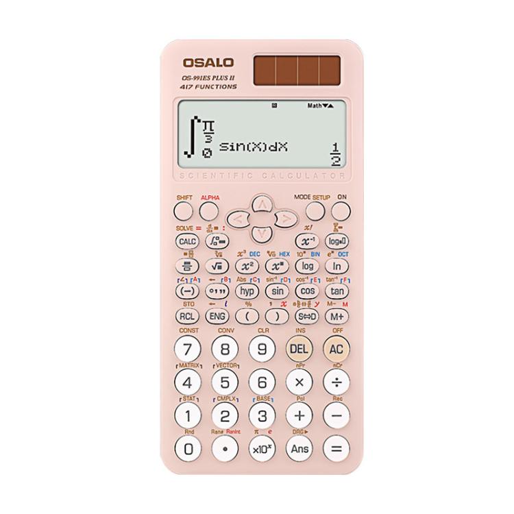 Pink scientific desktop calculator with large screen, round buttons, and solar panel bar