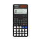 Black scientific desktop calculator with large screen, circular number keypad, and solar bar
