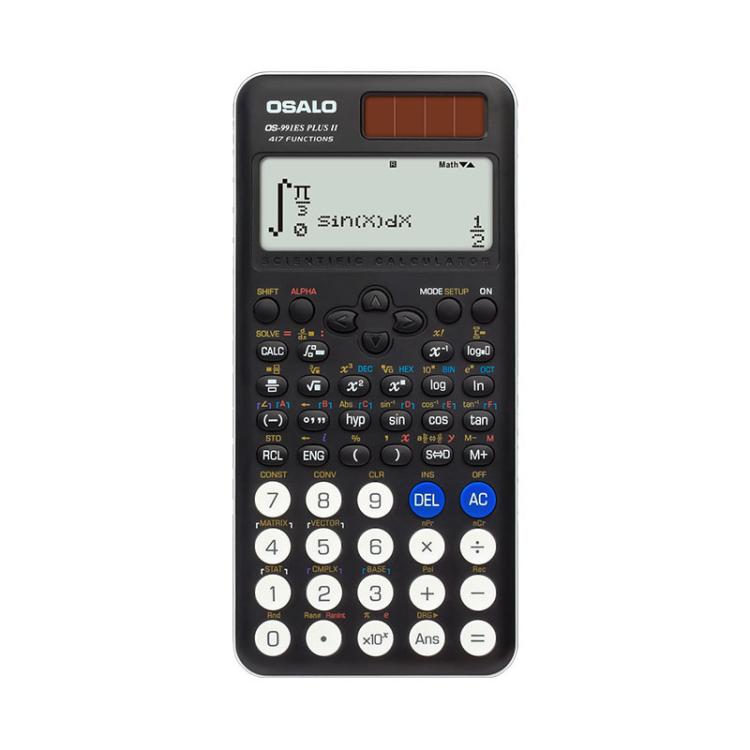 Black scientific desktop calculator with large screen, circular number keypad, and solar bar