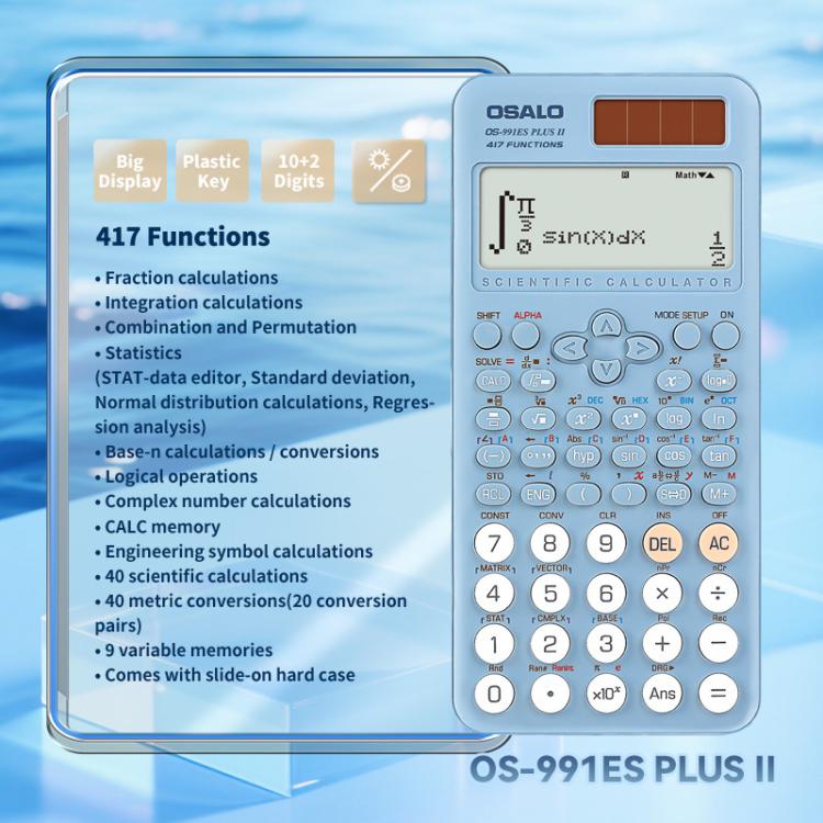 Blue scientific calculator with large display and key panel; includes slide-on hard case