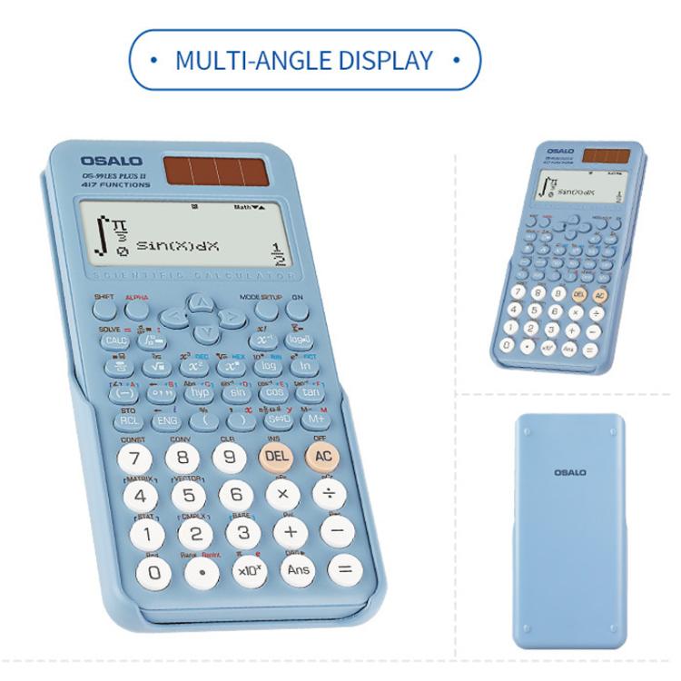 Blue scientific calculator shown front and side view, with large display and keypad