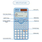 Blue scientific calculator diagram highlighting buttons, cursor keys, and solar power panel