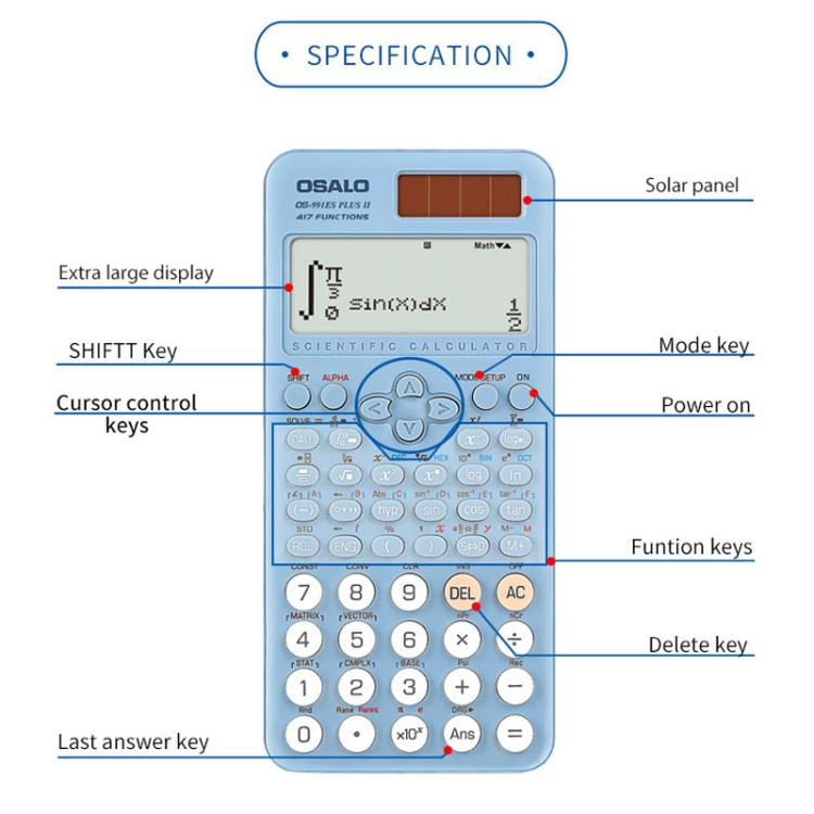 Blue scientific calculator diagram highlighting buttons, cursor keys, and solar power panel