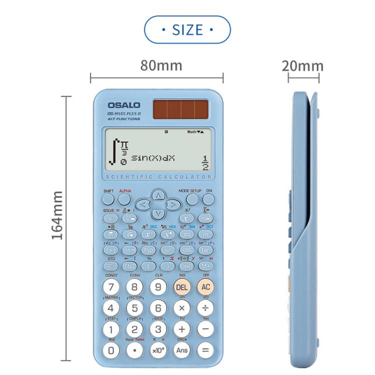 Blue scientific calculator size view, showing front keypad and slim side profile