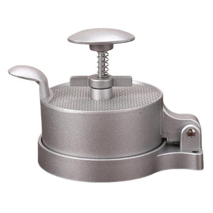 Manual round meat patty press with spring and flip cover, silver metal body