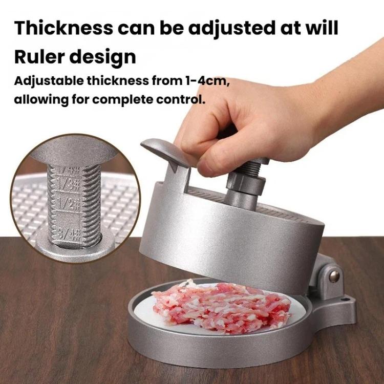Manual meat patty press with adjustable thickness slider, silver metal, flip cover