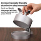 Silver manual meat patty press with hinged flip cover open and spring plunger