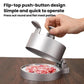 Manual meat patty press with flip-top push-button, forming round patty, silver