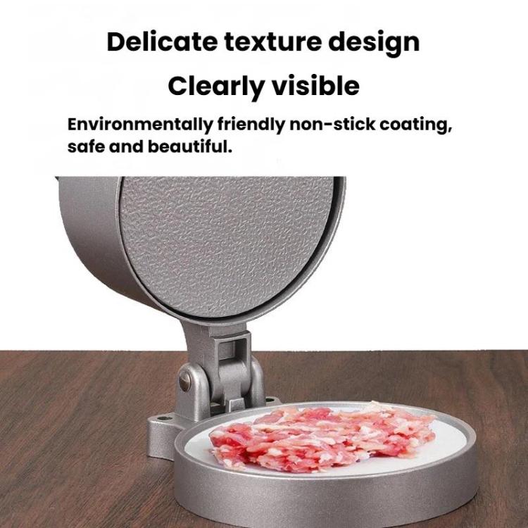 Textured pressing plate on manual round meat patty mold, silver metal