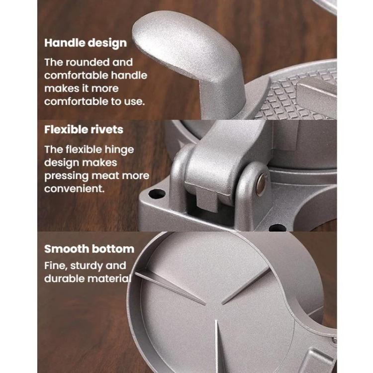 Manual meat patty press with curved handle and smooth base, silver metal