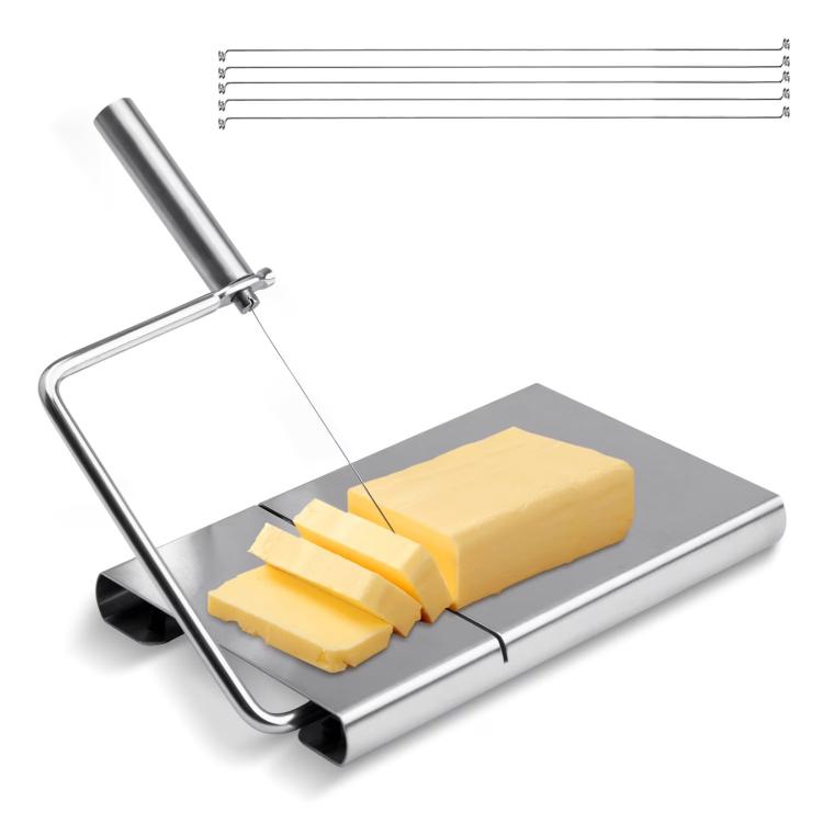 Stainless steel cheese slicer with vertical handle and base plate