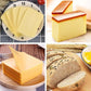 Cheese slicer producing even cheese slices and stacked cut portions