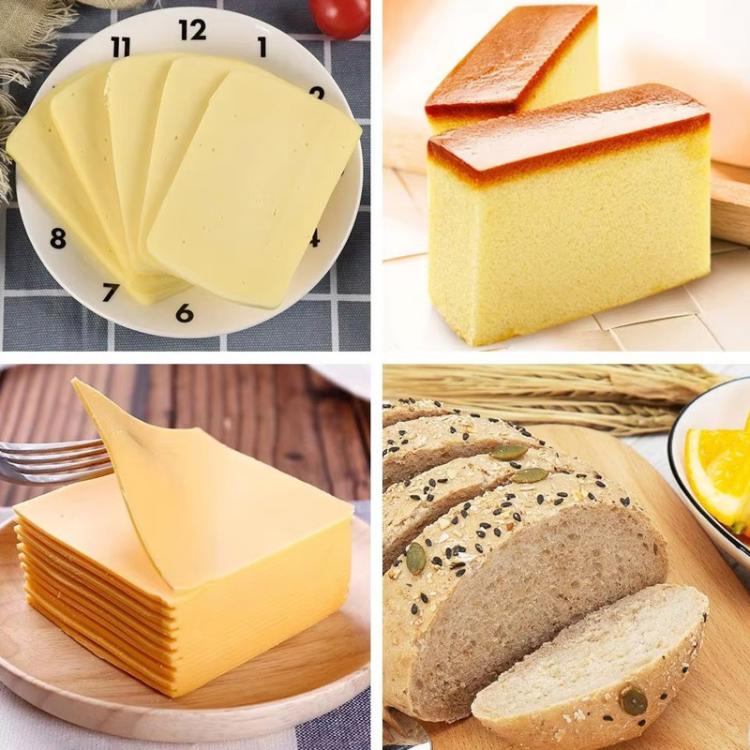 Cheese slicer producing even cheese slices and stacked cut portions