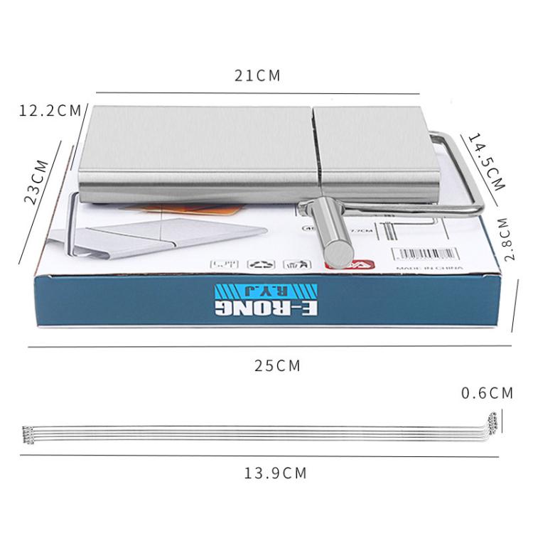 Cheese slicer dimensions diagram with measuring strip and stainless base