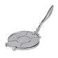 Silver round manual dumpling wrapper press with lever handle and circular imprint