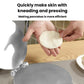 Manual dough wrapper press pressing a round dough skin onto the base