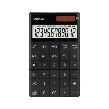 Black tax calculator with 12-digit LCD display and numeric keypad
