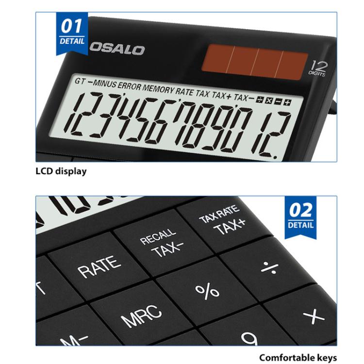 Close-up of tax calculator LCD display and comfortable keypad keys