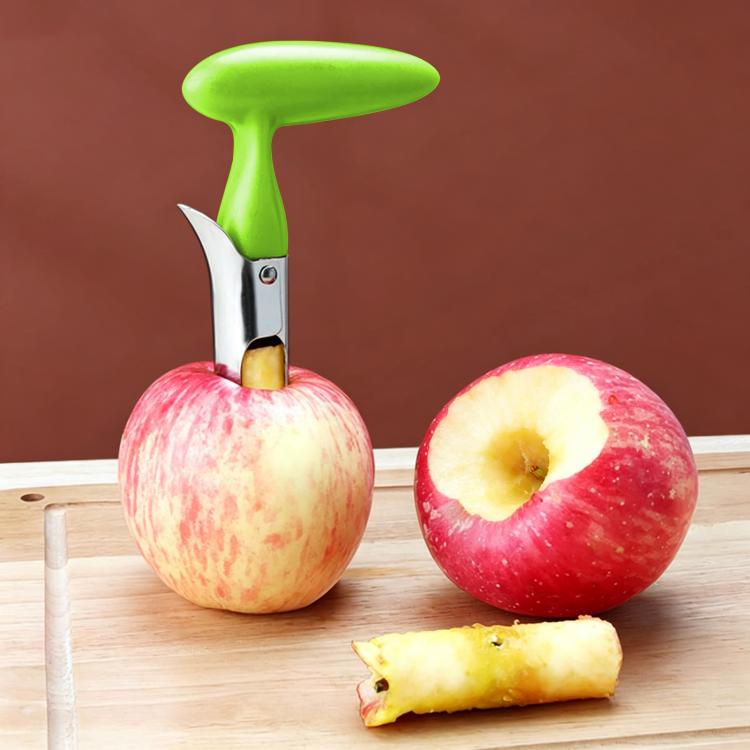 Green plastic-handled stainless steel fruit corer with sharp metal scoop and prongs