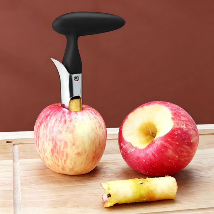 Black plastic-handled stainless steel fruit corer with sharp metal scoop and prongs