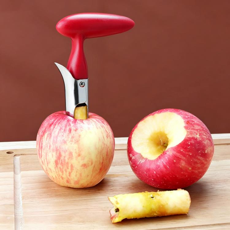 Red plastic-handled stainless steel fruit corer with sharp metal scoop and prongs