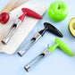 Set of stainless steel fruit corers with red, black, and green plastic handles