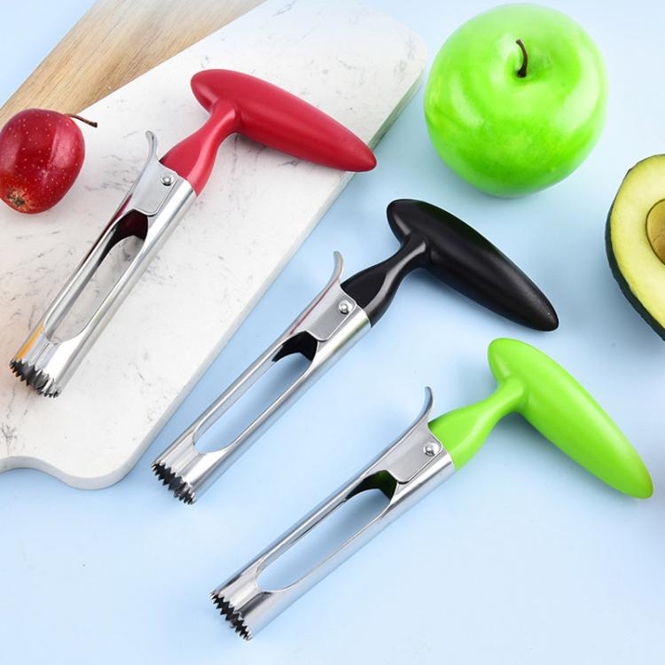 Set of stainless steel fruit corers with red, black, and green plastic handles