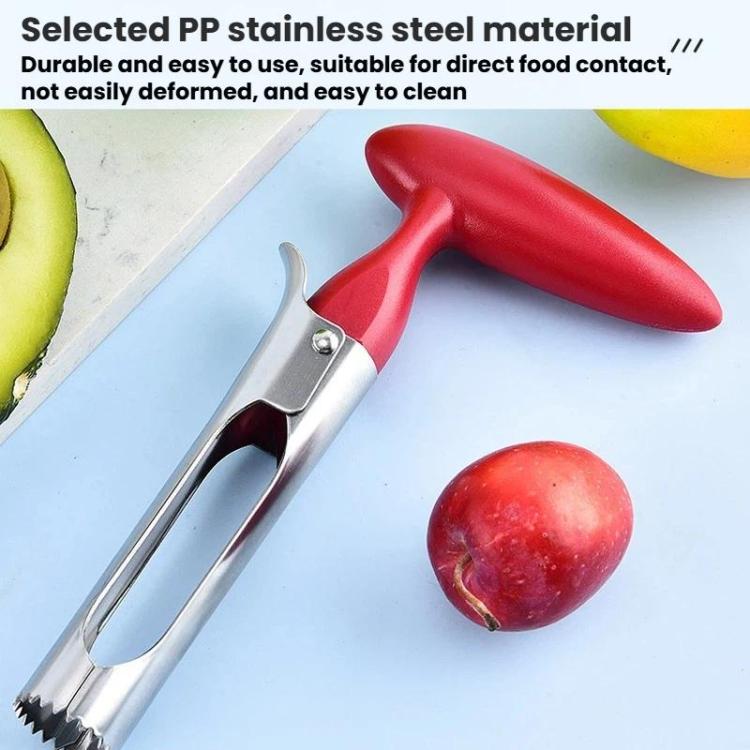 Red plastic-handled stainless steel fruit corer with serrated cutting edge