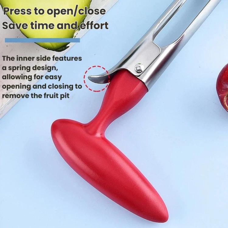 Red plastic fruit corer tool with open/close design and stainless steel coring head