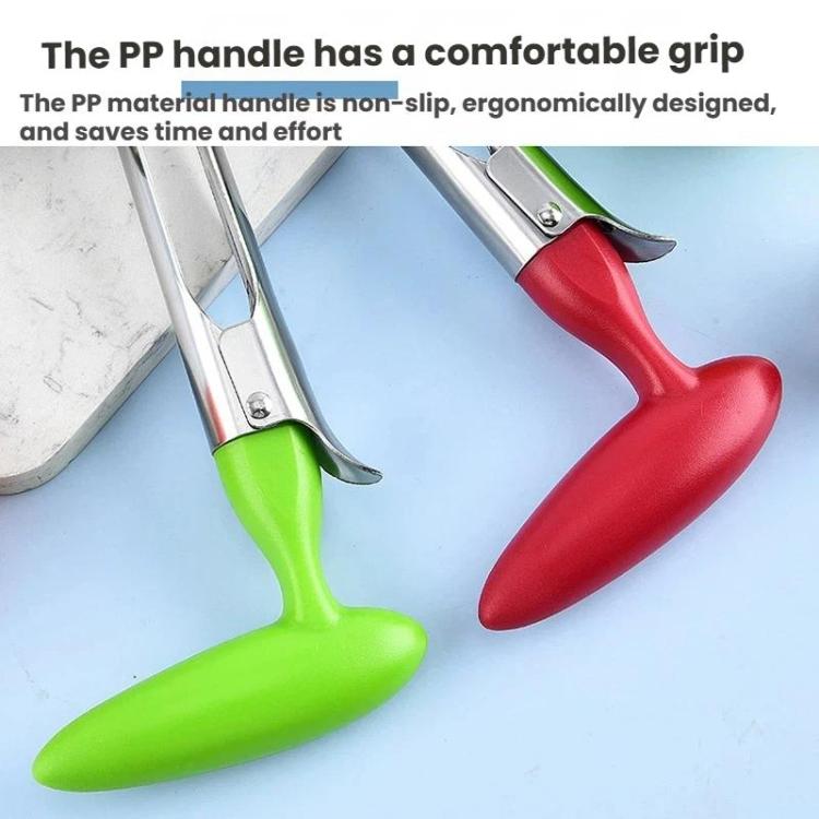 Red and green plastic-handled stainless steel fruit corers with ergonomic grips
