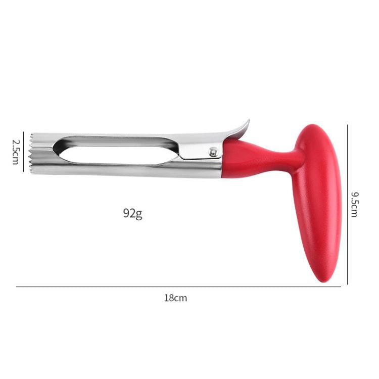 Red and stainless steel fruit corer with serrated blade and comfort handle