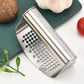Stainless steel garlic press with long bar and perforated crushing panel