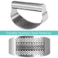 Stainless steel curved garlic press with perforated crushing insert