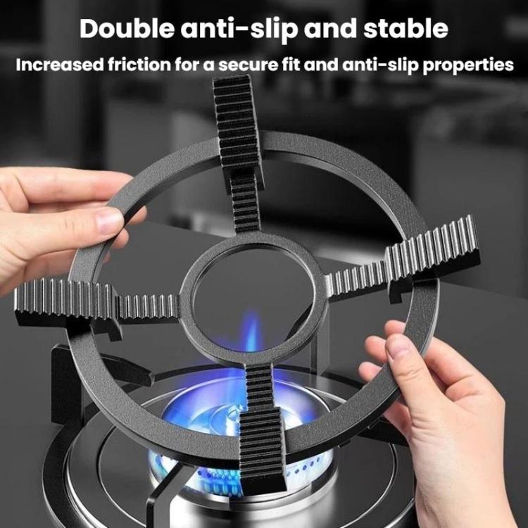 Non-slip cast steel stove rack with serrated arms holding a pan over gas flame