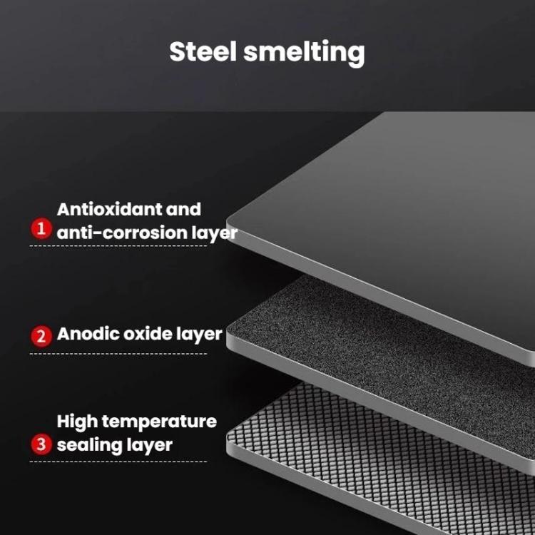 Steel stove rack showing layered construction with anti-corrosion and sealing layers