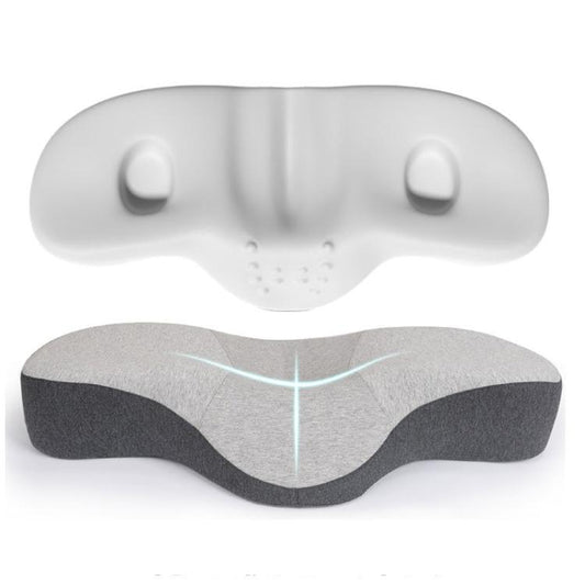 Ergonomic memory foam neck pillow with contoured support, light gray and dark gray base
